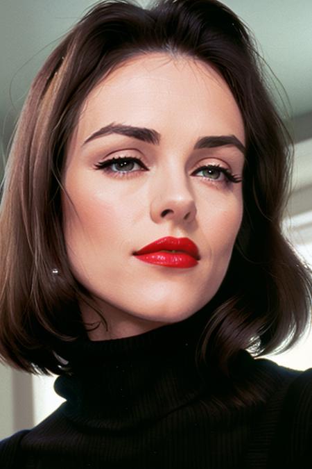 photo of lhurley, ((dark brown hair, )), a woman, ((turtleneck sweater)), ((closeup, portrait)), ((conference room)),((red lipstick,eyeliner, eye shadow, blush)), ((best quality, masterpiece, extreme details, high resolution):1.2),((detailed eyes, beautiful eyes, detailed face, beautiful face):1.2)