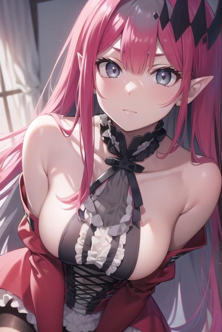 baobhan sith, (grey eyes:1.5), long hair, pink hair, pointy ears, cross-laced clothes, cross-laced dress, cross-laced legwear, detached sleeves, dress, pink dress, frilled dress, frills, hair ornament, red ribbon, red sleeves, ribbon,