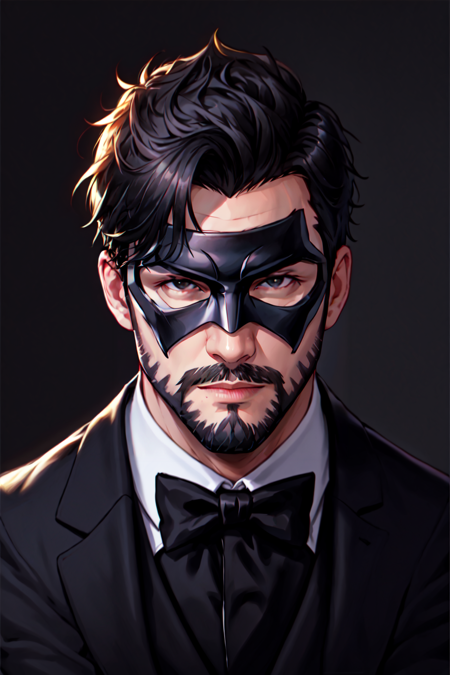 Hero Masks Style, domino mask, 1boy, beard, black bow, black bowtie, black hair, black jacket, black suit, bow, bowtie, closed mouth, collared shirt, facial hair, formal, jacket, male focus, portrait, realistic, shirt, short hair, simple background, solo, suit, white shirt , <lora:HeroMasks:0.8>