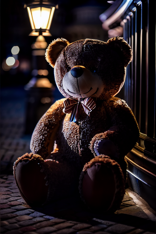 photo of a realistic giant teddy bear under a street lamp at night, rembrandt lighting, bokeh, octane, unreal, to8contrast...