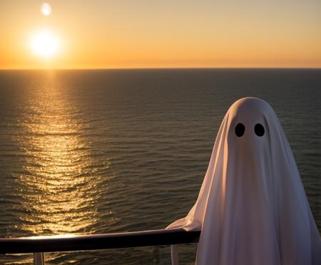 <lora:Sheet Ghost - (-Trigger words are Sheetghost Person-):1> sheetghost person on a cruise ship haunting the crew on the top deck at Sunset. Golden hour.