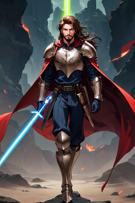 1boy, armor, beard, belt, boots, brown eyes, brown hair, cape, energy sword, facial hair, feet out of frame, gauntlets, gloves, glowing sword, glowing weapon, holding, holding sword, holding weapon, lightsaber, long hair, looking at viewer, male focus, sheath, shoulder armor, solo, standing, sword, weapon