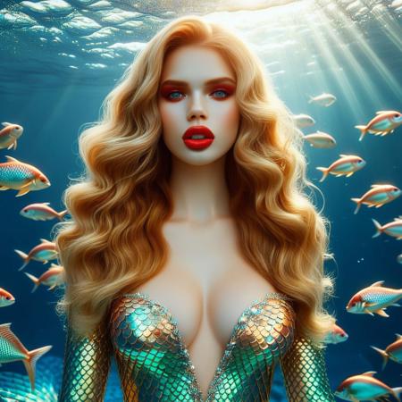 p1nk1r1sc4l3s, 1girl, (mermaid, detailed red eyes, slit pupils, detailed long blonde hair, detailed red lips, forked tongue, big hips, big breasts, narrow shoulders, sensual lips:1.5), wearing a dress made out of iridescent scales, (tropical underwater background, lies under water), swimming pose, (full body), hyperrealism, bokeh, UHD, shot on canon P900, drkmdatmsftpicture