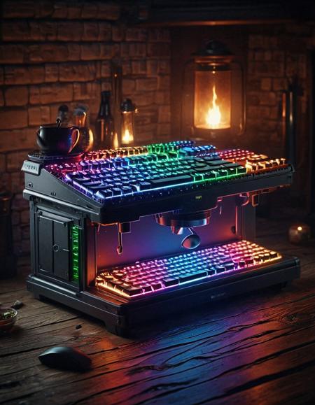 rgb keyboard, warm lighting, firelight flickering in the background, cozy and slightly mysterious atmosphere, the RGB keyboard adding a technological touch, rich textures, low-key lighting <lora:RGB_Keyboard_themed:1>