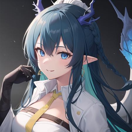 ((masterpiece)),(best quality),official art,extremely detailed CG,unity 8k wallpaper,ultra detailed,1girl,solo,upper body,(portrait:1.2),very_long_hair,blue_hair,black_shorts,smile,pointy_ears,braid,jewelry,dragon_horns,blue_eyes,looking_at_viewer,earrings,ankle_boots,yellow_necktie,open_coat,white_coat,large_breasts,thigh_strap,long_sleeves,white_footwear,dragon_tail,multicolored_hair,dragon_girl,wide_sleeves,black_gloves,white_shirt,bangs,elbow_gloves,<lora:Ling(ark)>,