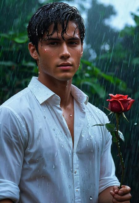 <lora:add_detail:0.25> (Medium Shot) A handsome young man, wearing a soaked white shirt, delicately holds a burning rose under a heavy rain. Water droplets fall on him, contrasting with the vibrant fire of the flower. His serene, admiring face is illuminated by the warm glow of the flaming rose. The firelight accentuates his features as he gazes with fascination at the flower burning in his hand. The contrast between the rainwater and the fire of the rose creates a dramatic and captivating atmosphere.
 ((masterpiece)) ((best quality) <lora:attractive_v2:0.15> <lora:extremely_detailed_v2:0.25>  <lora:perfect_hands:0.50> ng_deepnegative_v1_75t
