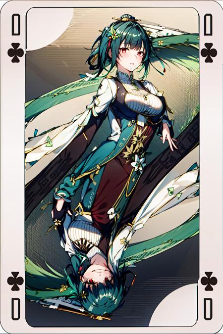 masterpiece, best quality, 2girls,card \(medium\),  <lora:Poker:1>,  <lora:Hanying2:0.8>cape,dress,green hair,red eyes,