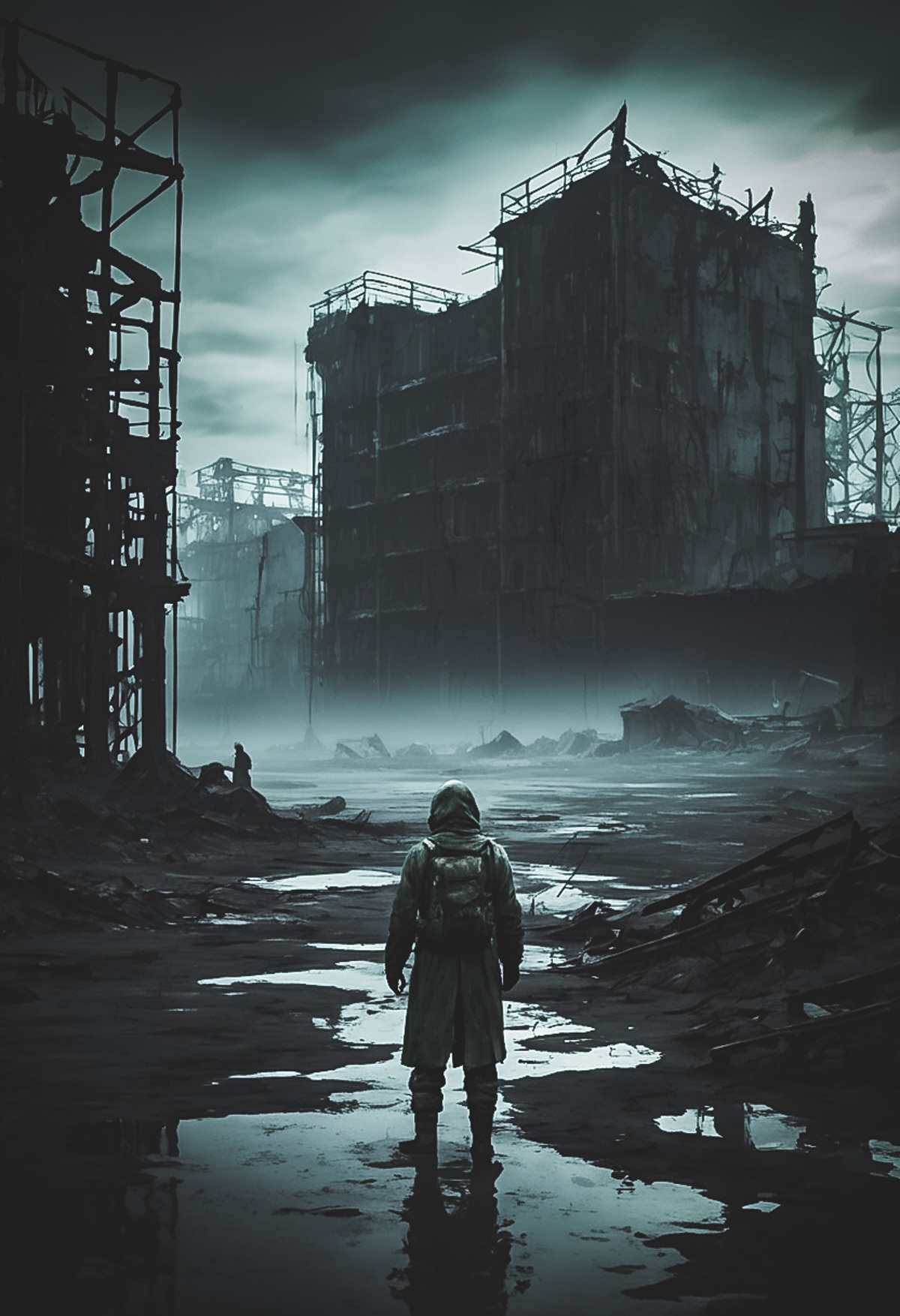 A person standing in a city ruin with a backpack.