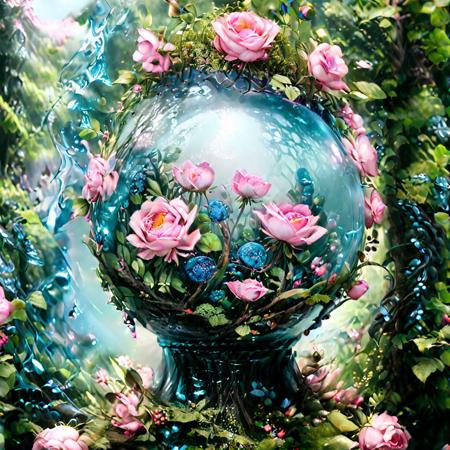 a vase filled with pink flowers sitting on top of a table, award-winning fantasy art, glass ball, mana blast, ad image, peaceful lushious forest, rendering a blue rose,  berries, kingdom of elves, detailed  n 9, within radiate connection, clean image, digital painting | intricate