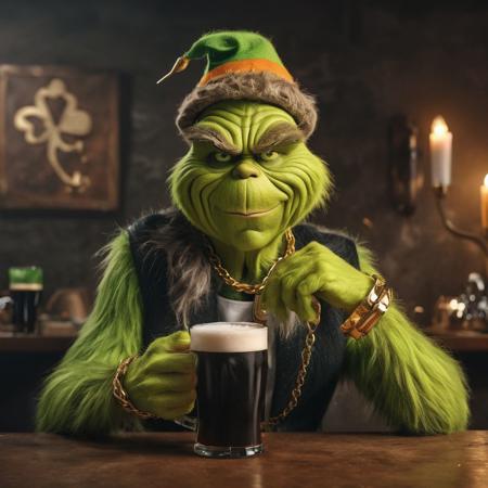 the grinch face, gold bracelet and gold chain, a pot of cold, st Patricks day, glass of Guinness, rainbow, four leaf clover, little leprechaun on shoulder, super realistic, 4k,  holding a pint of Guinness, wearing a leprechaun hat
