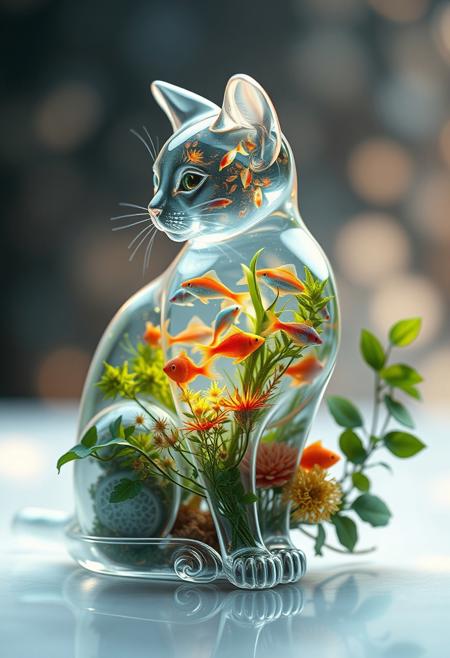 A luminous, transparent glass cat, showcasing an intricate internal ecosystem, featuring miniature colorful fishes  from within, blurring the line between surreal nature and organic growth, set against a dreamy bokeh background that evokes an ethereal atmosphere, with a focus on a portrait profile, adorned with lush green foliage, symbolizing biodiversity and the inner world, rendered in stunning 3D digital art with photorealistic textures, highlighting the intricate details of the figure's skin, and surroundings, all presented in high-resolution with an emphasis on capturing the subtle play of light and abstract big particle effect on her fragile, crystalline form. the cat is sitting