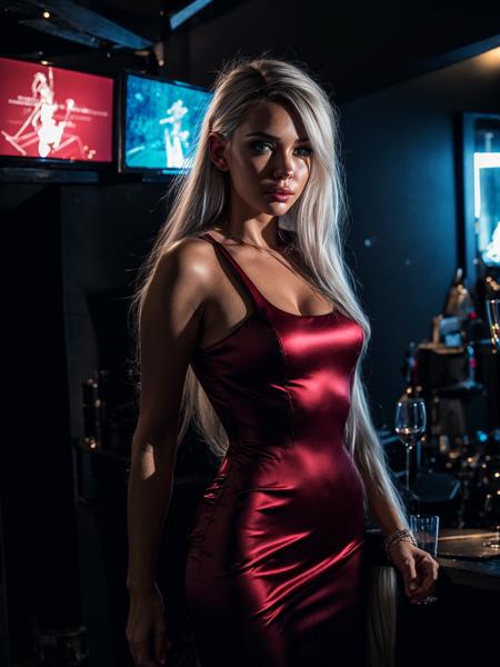 8k portrait of a woman, AlanahPearce, white hair, brown eyes, hair tied back, dynamic pose
, 1girl, red dress
, (masterpiece: 1.4), extremely detailed skin, (looking at viewer), (upper body:0.8), (close-up:0.8), (photorealistic:1.2), vivid, glowing, hero view, action pose, cinematic scene, dramatic lighting, colorful, bright colors
, beautiful detailed eyes, sharp focus, glowing eyes, detailed 4k eyes, <lora:LowRA:0.6>, dark theme, night, nightclub interior, neon lights
, <lora:more_details:0.3>, <lora:AlanahPearceV2:0.9>,  <lora:hairdetailer:0.5>