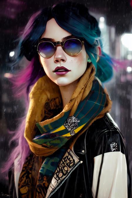 (PiroxiumDiffusion style:0.5), Highly detailed portrait of a sewer emo punk lady student, sunglasses, blue eyes, tartan scarf, white hair by atey ghailan, by greg rutkowski, by greg tocchini, by james gilleard, by joe fenton, by kaethe butcher, gradient yellow, black, brown and magenta color scheme, grunge aesthetic!!! graffiti tag wall background