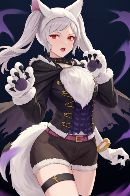 (masterpiece, best quality:1.2), fvrobin fe, open mouth, detailed night background, gloves, tail, collar, fur trim, thigh strap, claws, wolf tail, halloween, animal hands, paw gloves, aura, paw shoes, dark aura