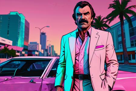 tom selleck as a character in GTAV, vice city, neon, pastel, miami vice, flat colors, dutch angle, tilted angle, rockstar games, gta vice city, grand theft auto style, exaggerated, pop art style, vibrant colors, full body view
  <lora:add-detail-xl:1> <lora:aesthetic:1>  <lora:detailed_notrigger:1> <lora:Line Art Style SDXL_LoRA_20r_20e_8i_nr32_a16_Pony Diffusion V6 XL:1>