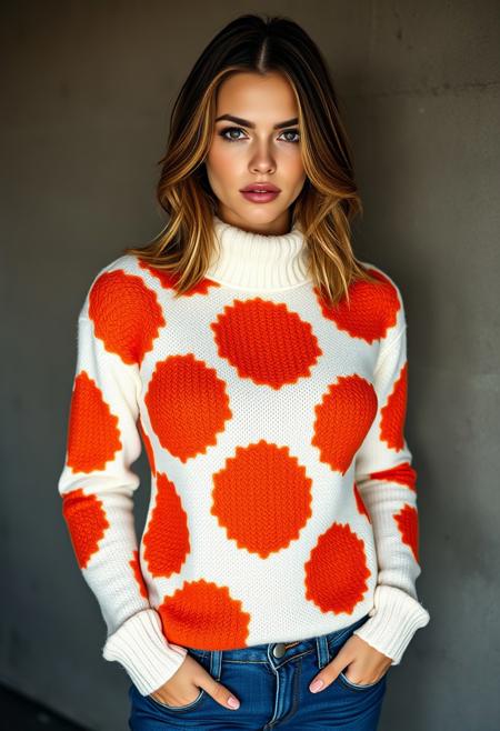 A young woman with medium boobs, perfect eyes, light makeup, posing in a studio. She is wearing a white sweater with very large orange textured spots with a high neck and long sleeves, cut out elbows. The sweater is made of a soft, fuzzy material. She has mid length brunette hair with blonde streaks and is wearing blue jeans. The woman is standing with her hands in her pockets and is looking directly at the camera with a seductive expression. rembrandt lighting, grungy textured background wall, dark theme, kodak portra colors, professional color grading , high budget production