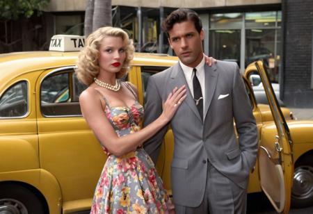 1950s Vintage-style photograph featuring a man and a woman standing beside a yellow taxi cab. The woman, with fair skin and blonde hair styled in soft curls, is wearing a floral dress with a fitted bodice and a pearl necklace. She holds a white handbag in one hand and has a poised expression. The man, with fair skin and dark hair, is dressed in a grey suit with a white shirt and a dark tie. He has a serious expression and is holding the taxi door open. The background shows a modern building with large windows and a geometric design. The image has a nostalgic, mid-20th-century aesthetic.