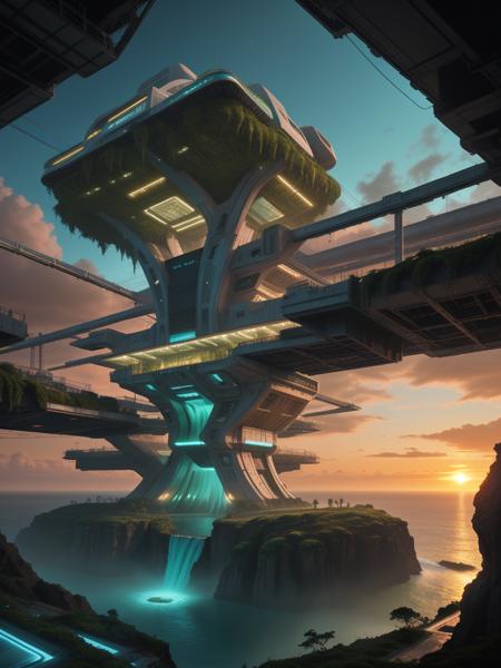 <lora:SWC_SEsdv2b:1> SW01. Vivid fusion of nature and futuristic architecture, forming a surreal sci-fi utopia. The scene is dominated by a radiant sunset casting warm orange hues across a sprawling seascape. Brilliant turquoise waterfalls cascade from high cliffs into deep ravines, their glow suggesting bio-luminescence or technologically enhanced water.
Massive floating structuresâlikely spacecraft or suspended buildingsâhover gracefully over the water, silhouetted against the golden sky. The verticality of sleek, angular towers in the background further enhances the sense of scale and advancement.
The architecture blends high-tech elements (neon blue and orange lights, modular metal panels) with organic integrationâtrees, moss, and greenery subtly soften the hard structures. Framing the entire composition is an elevated platform or structure, giving the viewer a balcony-like vantage point that enhances the sense of immersion.
The scene evokes a peaceful, awe-inspiring civilization that lives in harmony with its environment, harnessing advanced technology without overwhelming the natural beauty around it. It's a powerful visual metaphor for a balanced futureâone that is both luminous and serene, steeped in mystery yet teeming with life.