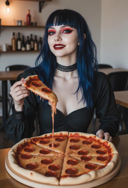 FictionalCamilla, navy blue hair, red eyeshadow, grey eyes.
Sitting in front of a table with a huge pepperoni pizza. Eating a big slice of pizza. smiling. wearing a black gothic dress