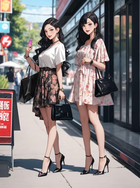 in the style of AImanhwa, 2girls, bag, bangle, black footwear, black hair, blouse, bracelet, dress, earrings, floral print, handbag, high heels, holding, holding bag, jewelry, long hair, looking at viewer, multiple girls, open mouth, short sleeves, shoulder bag, skirt, smile, standing, strappy heels, watch, white footwear, wristwatch ,<lora:epiNoiseoffset_v2:1>