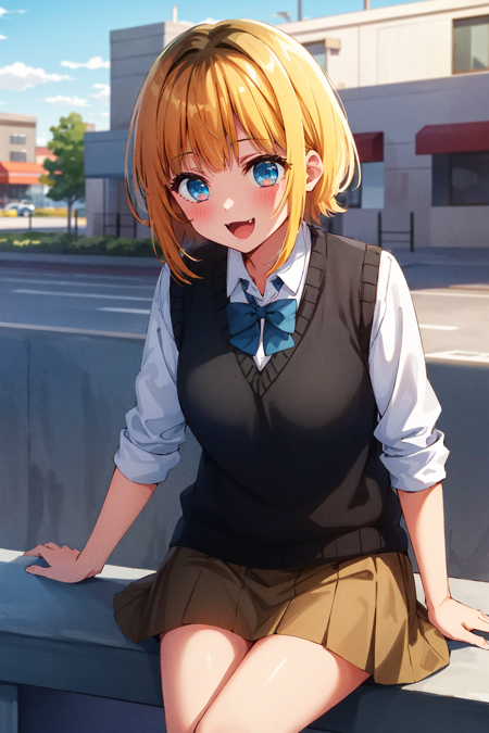 masterpiece, high quality, highres, memcho, 1girl, solo, cowboy shot,  <lora:memcho:0.7>, outdoors, street, city, sitting, skirt, brown skirt, black vest, sweater vest, black shirt, blue bowtie, (:3), :d, fang