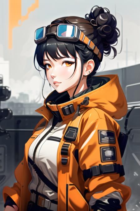 goofy popped color, 1girl, solo, goggles, black hair, jacket, goggles on head, hair bun, single hair bun, gloves, orange eyes, looking at viewer, lips, earrings, upper body, jewelry, breasts <lora:goofy popped color:0.7>