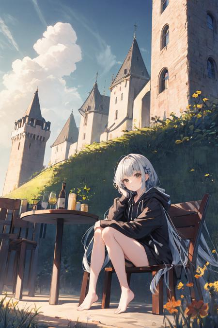 F:\\AIxunlianji\\SWAV\\10 SWAV, 1girl, long hair, solo, barefoot, sitting, looking at viewer, very long hair, indoors, bangs, bare legs , table, long sleeves, hood, hoodie, full body, grey hair, brown eyes, jacket, black hoodie, chair, legs ,scenery, outdoors, sky, cloud, grass, day, castle, blue sky, path, tower, cloudy sky, building, road, wall 
///////////
///////////, <lora:ç»ä¸½çåå½±:0.2>,<lora:add_detail:0.35>, <lora:adaptedmodel:0.35>