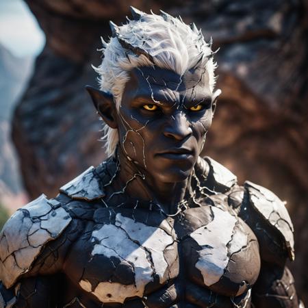 black humanoid made of rock, upper body, barechested, male, ((masterpiece, best quality)), cracked skin, white electricity coming through cracks, muscular male, (dragonborn:0.6), white hair outdoors, detailed background  , depth of field (creative digital art:0.6)professional lightining, hight retouch, depth of field,unreal engine 5, film grain, trending on artstation, <lora:xl_more_art-full_v1:0.8>