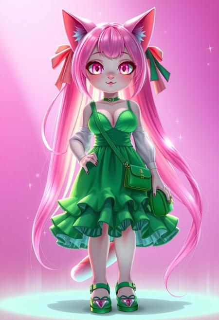 Realistic anime. 3d Pixar , Cat girl with neon pink hair that reaches the floor, sparkling pale pink eyes, voluptious, big boobs, wearing a short, slutty, green sundress with a ridiculous amount of frilly ruffles on the hem, cleavage, cute face, ribbons in hair, green Mary Jane shoes, green cross body purse,  glow, god rays, ethereal, dreamy, heavenly, otherworldly, dream-like, breathtaking, captivating, divine, Bioluminescent,