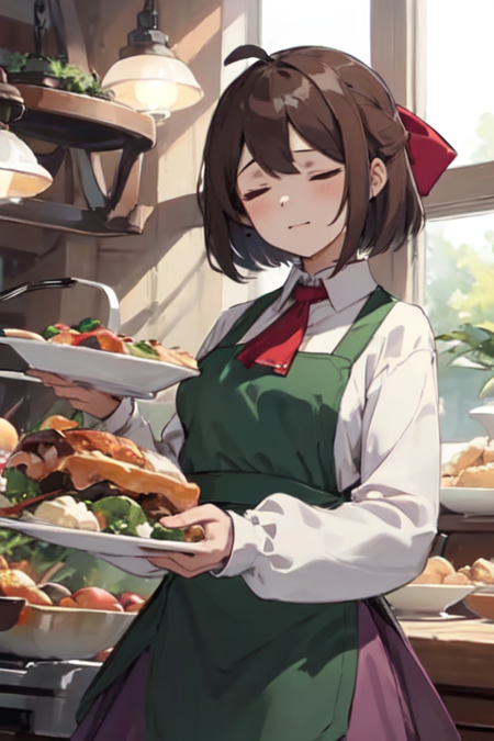 InnkeeperLoraine, 1girl, solo, short hair, skirt, brown hair, white shirt, long sleeves, bow, closed eyes, ahoge, hair bow, collared shirt, green apron, red ascot, 