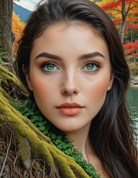 Smooth Quality,A surreal and artistic portrait of a woman with striking emerald-green eyes, her face blending seamlessly with the 
elements of nature. One side of her visage reveals lush forests with vibrant green foliage, cascading into earthy roots.
 Her cheek transitions into a tranquil landscape featuring serene lakes, distant mountains, and vivid red and golden 
autumn trees. The composition feels ethereal, as if she embodies the spirit of nature itself. The soft,
 neutral background enhances the intricate details of her connection to the natural world. The atmosphere is mystical,
 symbolizing harmony, beauty, and the powerful bond between humanity and the environmen , ArsMJStyle, Colored pencil hyperdetailed realism, <lora:clear:1>, 
<lora:FF.101.juggernautXL_version6Rundiffusion.LORA:0.5>, <lora:Hyperdetailed_Colored_Pencil:0.6>, 
<lora:SDXLDetailer:1>