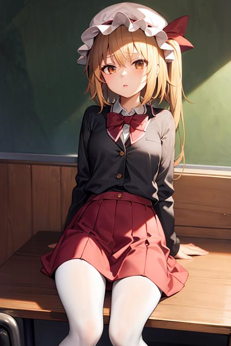 masterpiece, best quality,  <lora:flandre:1>,1girl,mob cap, blonde hair, long hair,side ponytail, black school uniform, black jacket,red skirt,(white pantyhose:1.2),