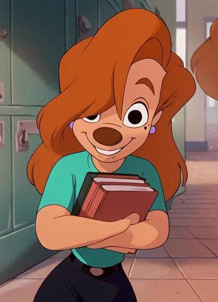 roxanne, 1girl, brown hair, long hair, solo, earrings, black eyes, green shirt, furry female, shorts, belt