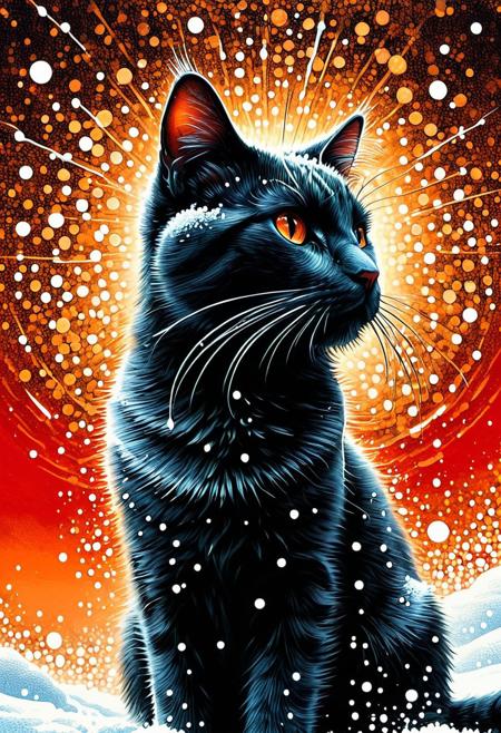 Silhouette Art, cat, breathtaking detailed, masterpiece, lovely, charming, awe-inspiring, radiant, magnificent. (all dark hues and fine vibrant orange glowing smoldering accent and shiny gold color scheme:1.02). glossy.
<lora:InkArtXL_1.2:0.4> <lora:FaeTastic:0.35> . award-winning, professional, highly detailed . extremely high-resolution details, photographic, realism pushed to extreme, fine texture, incredibly lifelike, high contrast, well defined .
Silhouette, Pointillism multicolored pin point clumped needle thin dots grainy collage stencil texture style, Angled slanted 2 point perspective visual depth back shot pointillism gust white snow pointillism dot particles partially covering woman, cyan pointillism water dots dripping down smaller dot circles ceiling pointillism dot white icicles, orange glow emanating, wind gust snow dots pointillism white wind patterns, capturing motion, semi-realistic Minimalist vector illustration, futuristic, sharp angular designs, bold red background, intense expression, modern urban style, clean lines, high contrast between black, white, and red, sleek futuristic aesthetics.
