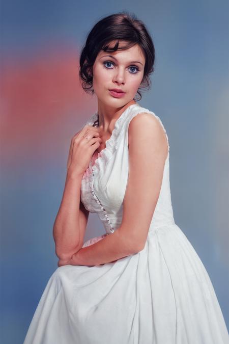 Gorgeous and romantic sfw studio photo of maddiesmith woman looking at viewer, wearing a white 1970s summer dress, (best quality:1.2), ultra high res, beautiful, (intricate details), ultra detailed, aesthetic