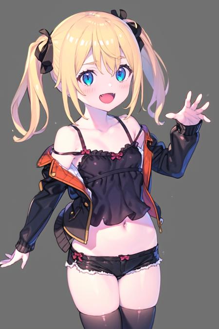 <lora:enkyo:1>, 1girl, solo, shorts, jacket, thighhighs, twintails, ribbon, navel, camisole, smile, blush, fang, bangs, collarbone, breasts, underwear, :d, panties, + +, midriff, standing, sidelocks, blonde hair, hair ribbon, open clothes, black ribbon, black jacket, open jacket, bare shoulders, virtual youtuber, short shorts, blue eyes, long sleeves, off shoulder, open mouth, black background, black thighhighs, simple background, black shorts, brown shorts, looking at viewer, open fly, open shorts, small breasts, black camisole, white camisole, long hair, hand in pocket, v-shaped eyebrows, black panties, puffy long sleeves, outstretched arm, puffy sleeves, strap slip, hair between eyes