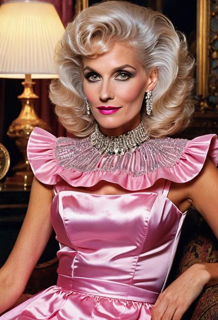 1boy,
A highly detailed best quality photography from the (year 1986:1.5) shows Debra, a slim (mature) American femboy in a contemporary bar room. He leans lasciviously on a stylish chaise longue, half sitting, half lying down and looks at the viewer with a demeaning and arrogant smile on his face. 
The androgynous face of the Sissy with(narrow-set) wide open light grey eyes, (big crucked nose), (wide lower jaw) and an (underbite) is (odd) but tells the interesting story of a live. The aged skin is wrinkled and shows agespots.  The intricate wavy long white hair with (pink highlights) is elaborated. A heavy collar choker adornes the neck. He wears precious jewelry, Creole earrings and bangle bracelets. The stunning and extravagant (1980s style evening dress:1.5) results no cleavage because of a (flat male chest:1.5). The 1980s style decadent and modern furnished room is painted in changing purple and silver colors. Futuristic wall lights create an intimate, subtle lighting atmosphere.