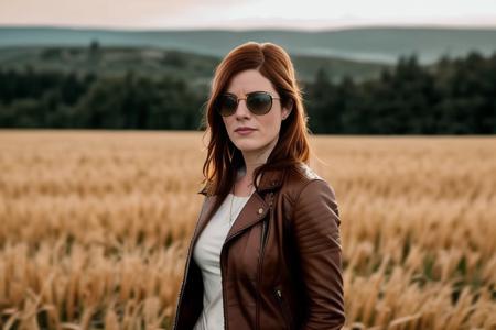 a selfie photo of (debramorgan:0.9) a woman with sunglasses  in the middle of a field, wearing a brown leather jacket with white shirt with tan pants looking far away side pose cinematic lighting, dramatic hard lighting, cinematic fast blurred, blurred background, cinematic soft focus , Sony a7III 85mm f/1.8 , 8K , Best quality art by  (tru-det00:0.8)