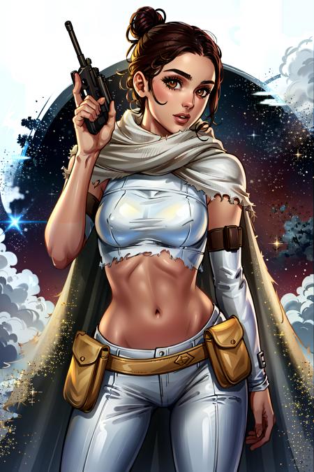 padme sd, looking at viewer,hair bun, small breasts,  brown hair, brown eyes, white outfit , white cape, midriff , torn clothing,gun, handgun, energy gun, space,star \(sky\),galaxy,pouch,holster,    <lora:padme sd -000009:0.7>,