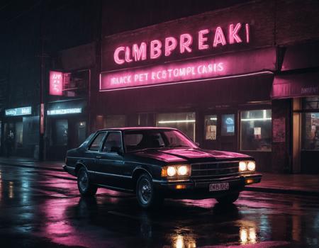 Neon noir <lora:AB ILL Vehicle:1>,Andrew Bell,car,classic, . Cyberpunk, dark, rainy streets, neon signs, high contrast, low light, vibrant, highly detailed