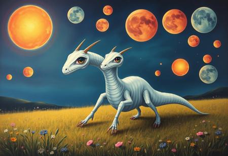 two-headed snake-alien creature with three legs, each with one central eye, hoofs, round body white skin, meadow background, multiple multi-colored suns and moons of various sizes, in the style of a fantasy painting