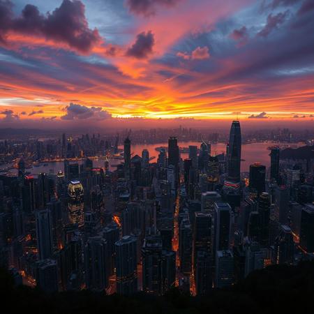 Breathtaking Hong Kong skyline at sunset captured from Victoria Peak as golden light bathes the dense forest of skyscrapers, harbor waters reflect the city lights, and the dramatic sky transitions from vibrant oranges to deep blues while day surrenders to the emerging glow of the metropolis below. disney pixar style