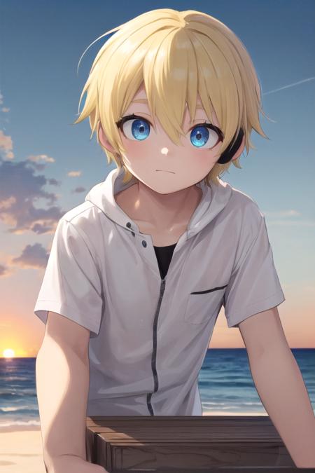 (1boy:1.4),
multicolored background, looking at viewer, hair between eyes, highlight in eyes, (very short hair),
crew cut, (blonde hair:2), (fully clothed :1.4), colorful eyes, ((masterpiece,4:1)),  full shot,
multiple details, sky, sea, beach,  whole body, short hair, handsome, (bulge:0.4), 
beautiful eyes (vocaloid), delicate features, high light in eyes, (narrow chin:1.5), triangle chin,  (introvert:1.6)
petite, young, juvenile, short hair, detailed beautiful little boy, adorable boy, sparkling eyes, (sunset beach), muscular:0.6