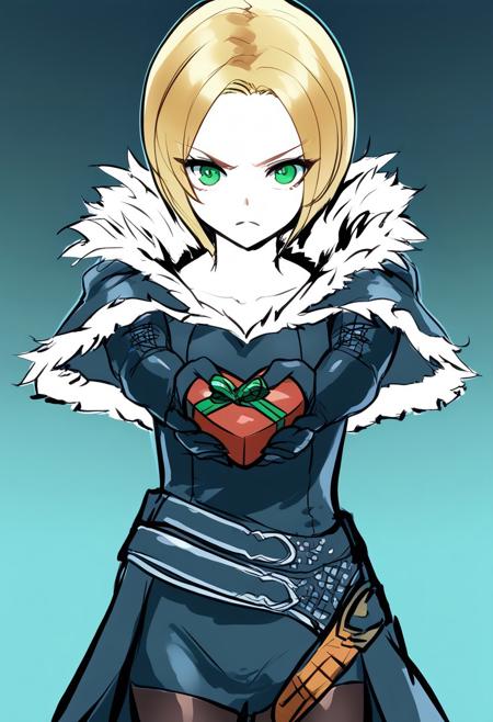 score_9, score_8_up, score_7_up, 1girl, solo, xvibenedikta, blonde, short hair, green eyes, fur-trim, capelet, leather, elbow gloves, belt, thighhighs, incoming gift, outstretched arms, holding, holding gift, gift, gift box, sirachistyle, Drawing, Black Outline, Thick Outline, sketch, simple background, inset border, gradient background. blue background,