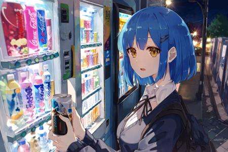 high quality, best quality, by jlt4n, vending machine, yamada_ryo, 1girl, blue hair, short hair, yellow eyes, guitar case, solo, mole under eye, looking at viewer, white shirt, collared shirt, bangs, black ribbon, night, hairclip, neck ribbon, long sleeves, school uniform, can, outdoors, upper body, blurry,  <lora:jlt4n:1>