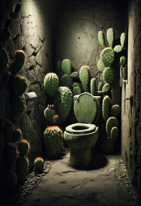 Product photo, A toilet made out cactus, in 
dungeon,a man sitting on toilet,
torchs,dark,shadow ,detailed, film grain,