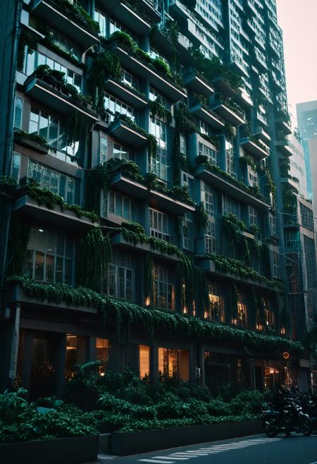 cinematic photo <lora:Alexander McQueen-art deco:1>,Alexander McQueen,, city street,street,street photography,<lora:Beeple_scenery:1>,Beeple,scenery,a very tall building with a lot of plants on it's side and a lot of windows on the side,, <lora:Metroplex Base:0.4>,a city scnery,, <lora:LetThereBeLight:0.3>,Beeple,lighting, . 35mm photograph, film, bokeh, professional, 4k, highly detailed
