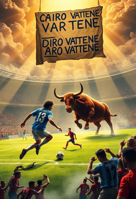 In a grand, celestial stadium filled with roaring clouds and beams of golden light, Diego Maradona, Gigi Meroni, and Valentino Mazzola are locked in an intense soccer match. Maradona, in his iconic blue Argentine jersey, moves with unmatched skill, while Meroni, in his Torino kit, dribbles with flair, and Mazzola, wearing his vintage Torino captain’s armband, commands the game with authority. The stadium is packed with a heavenly crowd, but among them are rowdy, ghostly hooligans waving scarves, shouting passionately, and banging drums, their chants echoing through the ethereal air.
A massive, burgundy bull stands just outside the field, snorting aggressively, its muscular form glowing in the light, representing raw energy and strength. Its presence adds tension, as if symbolizing the ferocity of the sport and the fans.
Above the stands, a large, hand-painted cardboard sign hangs—‘CAIRO VATTENE’—the black letters uneven and bold, echoing the frustration of fans. The hooligans, rowdy and vocal, chant in support, waving banners and flags, creating an atmosphere of protest within this heavenly arena.
The players remain focused, sweat beading on their faces, as if this match is just as critical as any they played in life. The mix of celestial beauty, the intense energy of the hooligans, the looming bull, and the rebellious protest sign creates a scene of passion, sport, and defiance