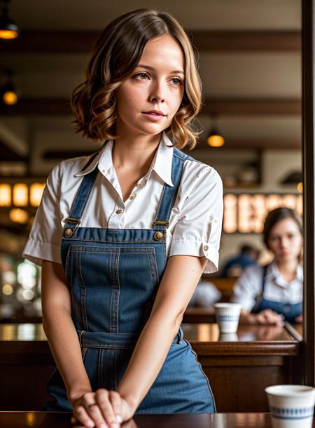 dianekeaton portrait photo of a woman working as a waitress in a diner, (masterpiece), (best quality), (detailed), (8k), (HDR), (wallpaper), (cinematic lighting), (sharp focus), (intricate), (closeup)