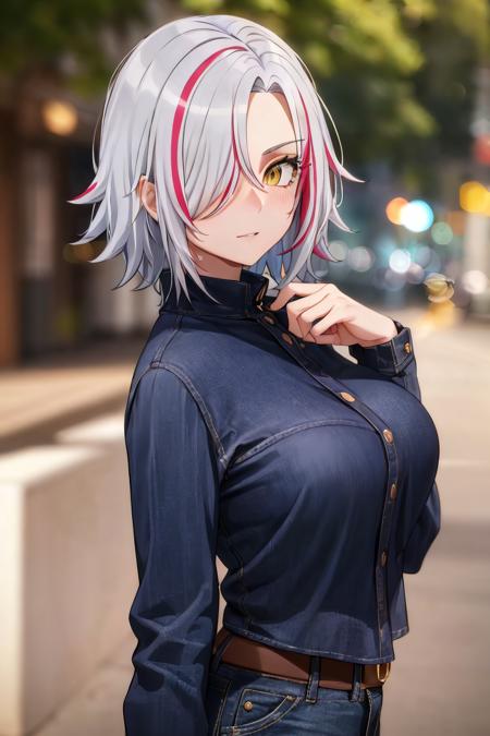 (masterpiece:1.2, best quality), (finely detailed beautiful eyes: 1.2), solo focus,    (ultra-detailed, hires),  (modern day, beautiful detailed face, beautiful detailed eyes),   1girl,  , Sofia Bulga , short hair,streaked hair ,   hair over one eye , , blush, large breasts , casual clothes,sweater, jeans ,  High contrast, beautiful elegant woman, adult, (best illumination, an extremely delicate and beautiful),(simple backround, outdoors,, ), looking at viewer,beautiful detailed glow,